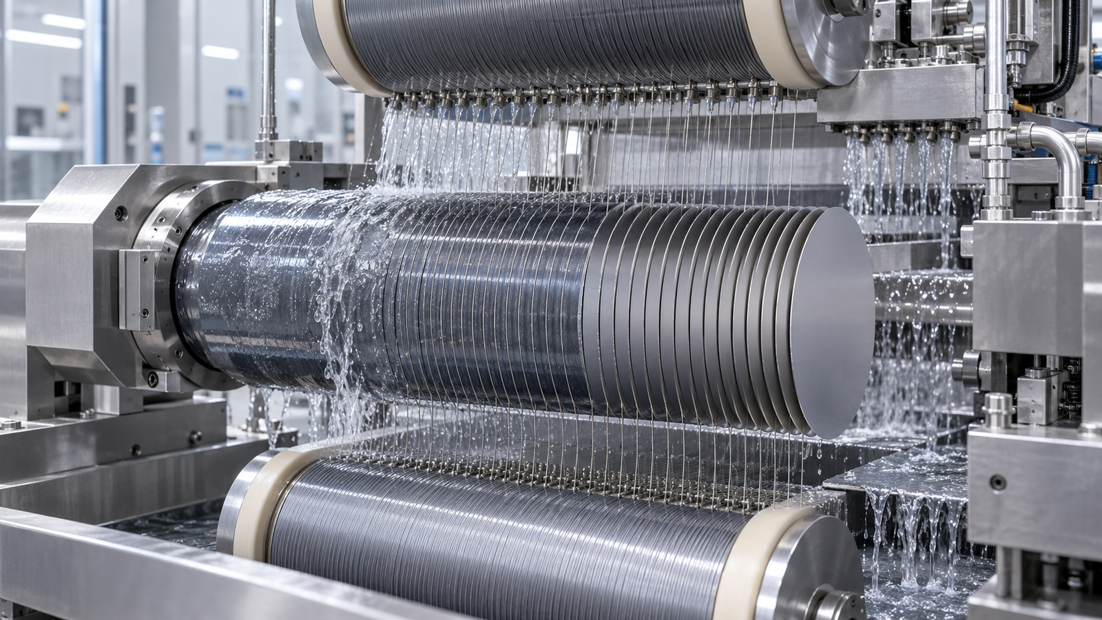 Diamond multi-wire saw slicing a semiconductor crystal across a parallel wire web