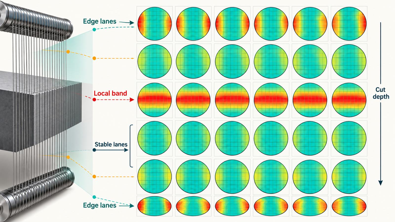 Diamond Multi-Wire Saw TTV Drift: A Lane-by-Lane Diagnostic Guide 2 Lane-by-lane wafer thickness maps showing edge and local TTV drift