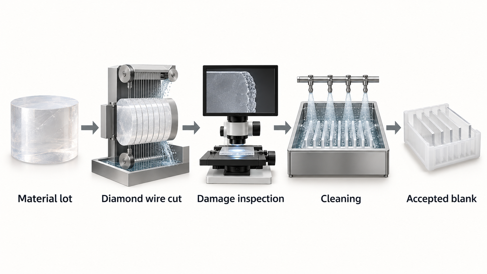 Process from quartz material lot through diamond wire cutting, damage inspection and cleaning