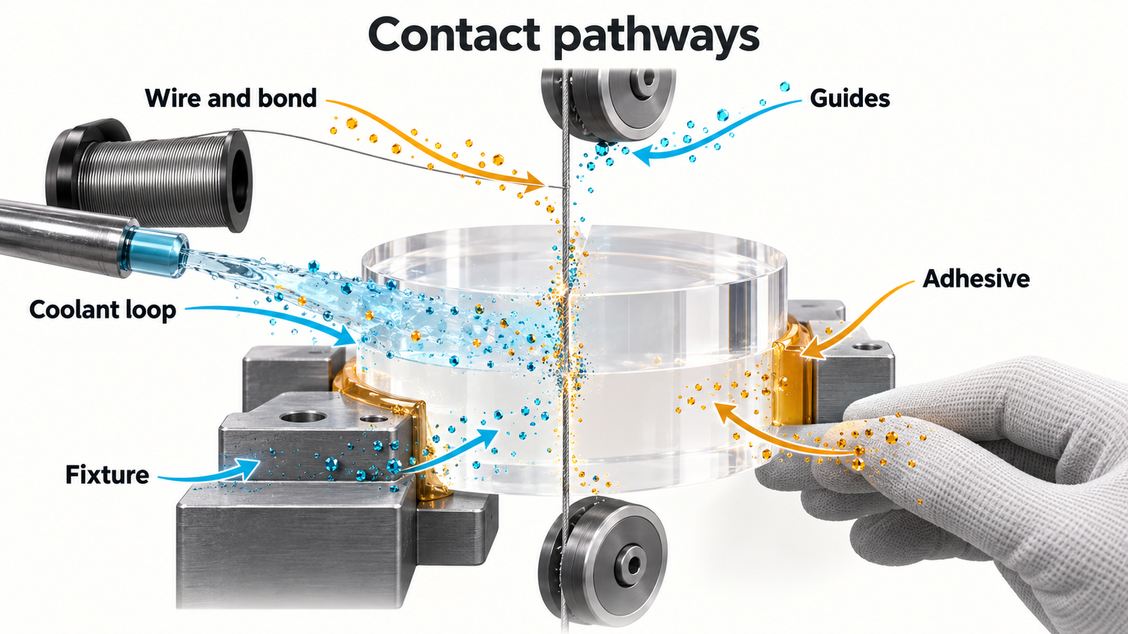 Contact pathways from wire, guides, fixture, coolant, adhesive and handling to quartz