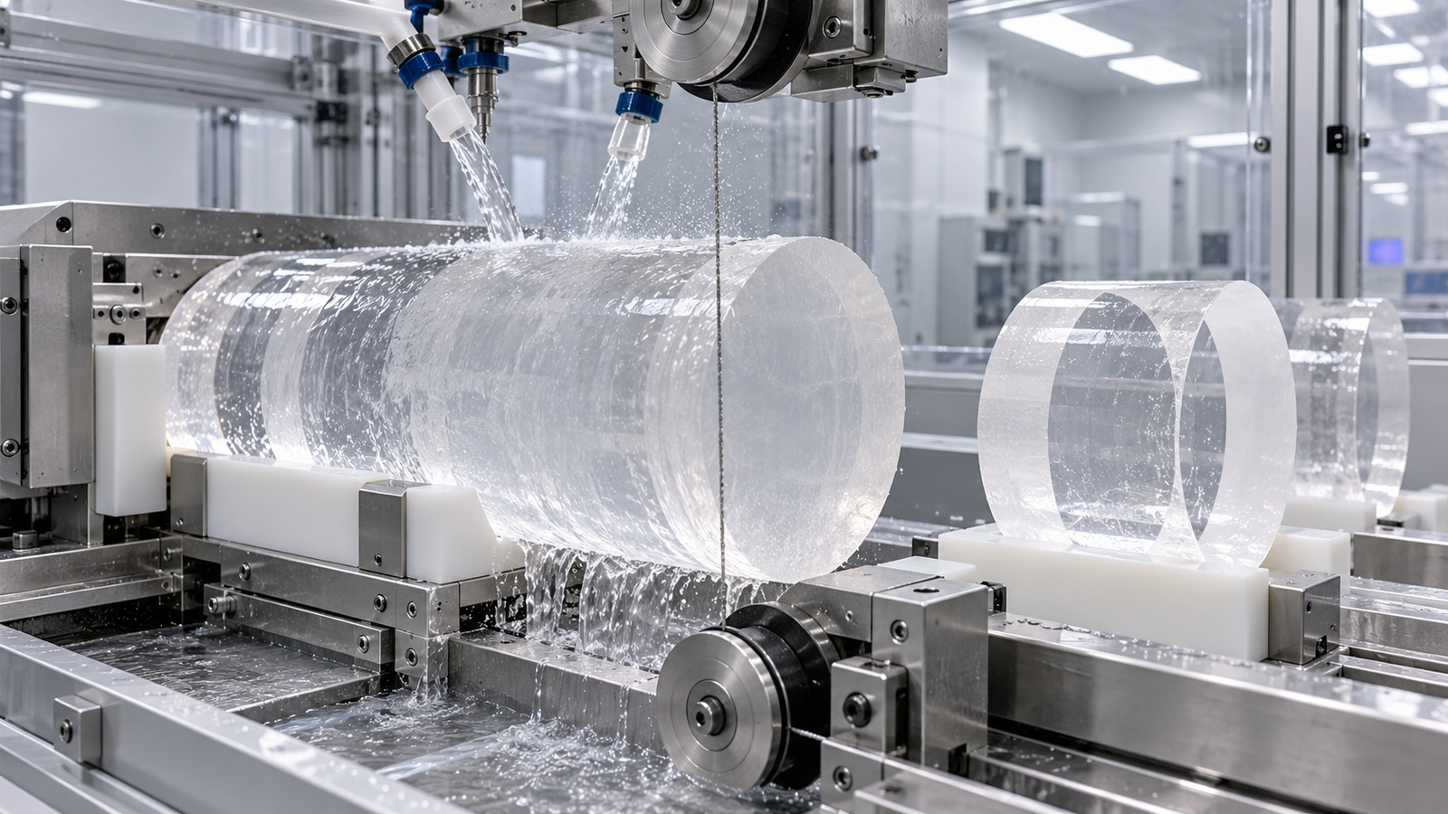 Diamond wire saw cutting a high-purity fused quartz cylinder into component blanks