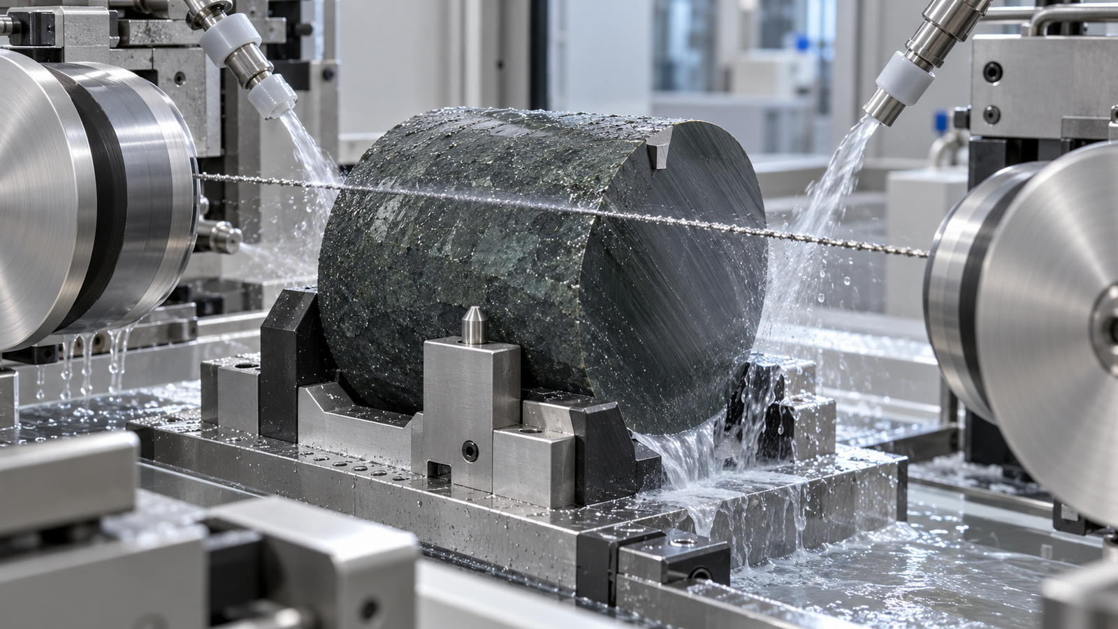Diamond wire saw cutting a marked 4-degree off-axis SiC boule