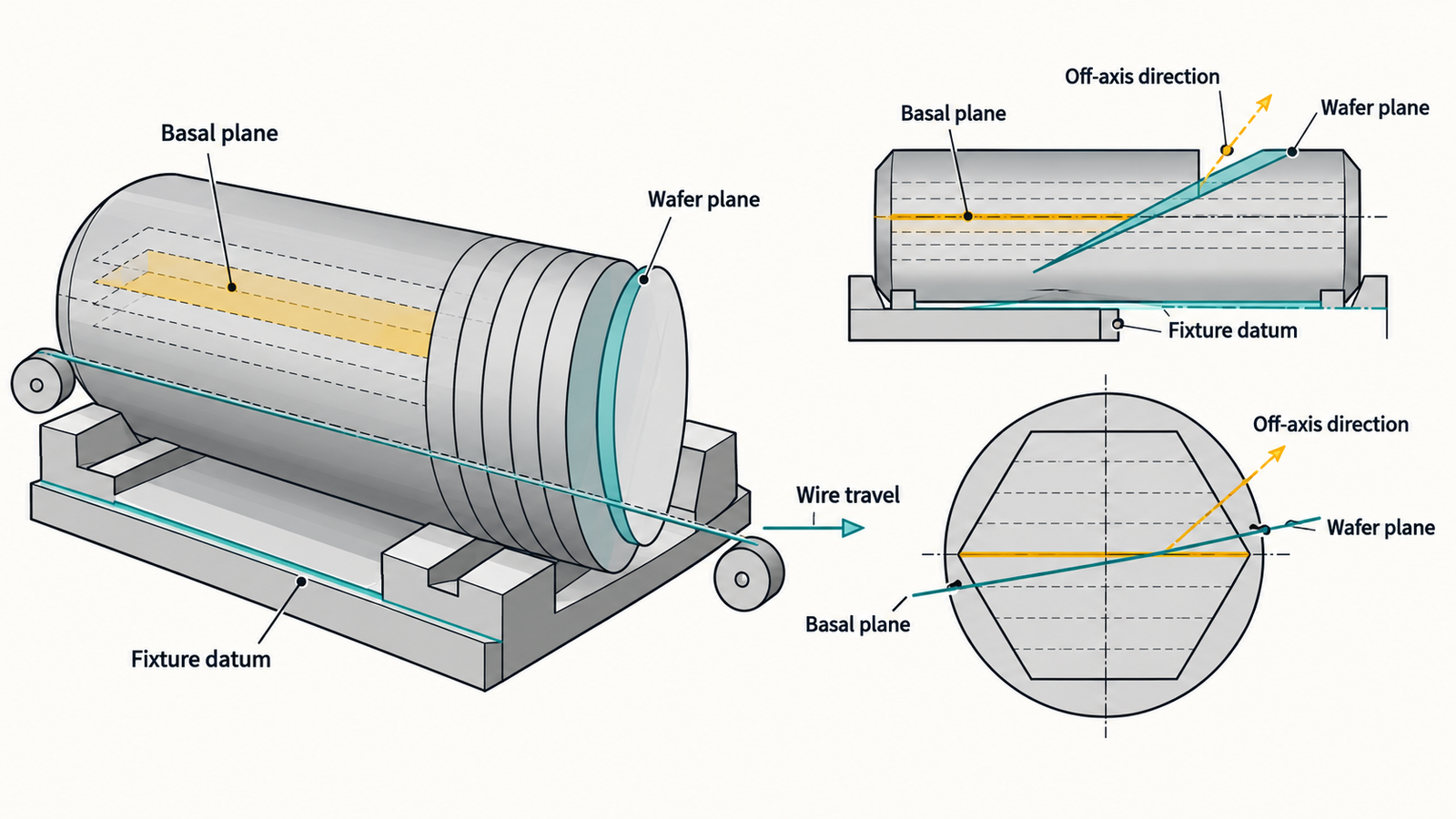4° Off-Axis SiC Wafer Slicing: Why Crystal Orientation Matters 2 Diagram of basal plane, wafer plane, off-axis direction and wire travel in SiC slicing