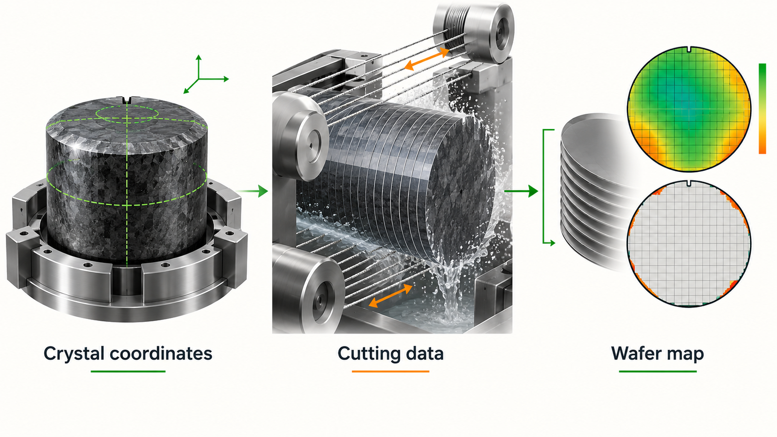 4° Off-Axis SiC Wafer Slicing: Why Crystal Orientation Matters 3 Workflow from SiC crystal coordinates through cutting data to wafer maps