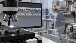 Microscope inspection of a wire-sawn wafer cross-section beside a diamond wire saw