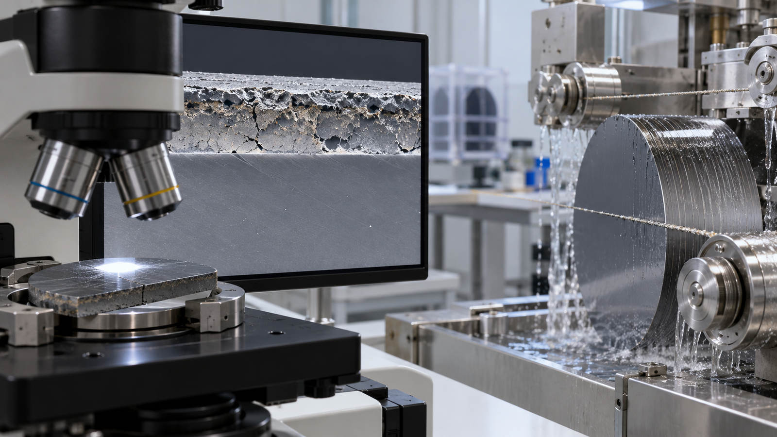 Diamond Wire Saw Subsurface Damage: Building a Finishing-Allowance Budget 1 Microscope inspection of a wire-sawn wafer cross-section beside a diamond wire saw