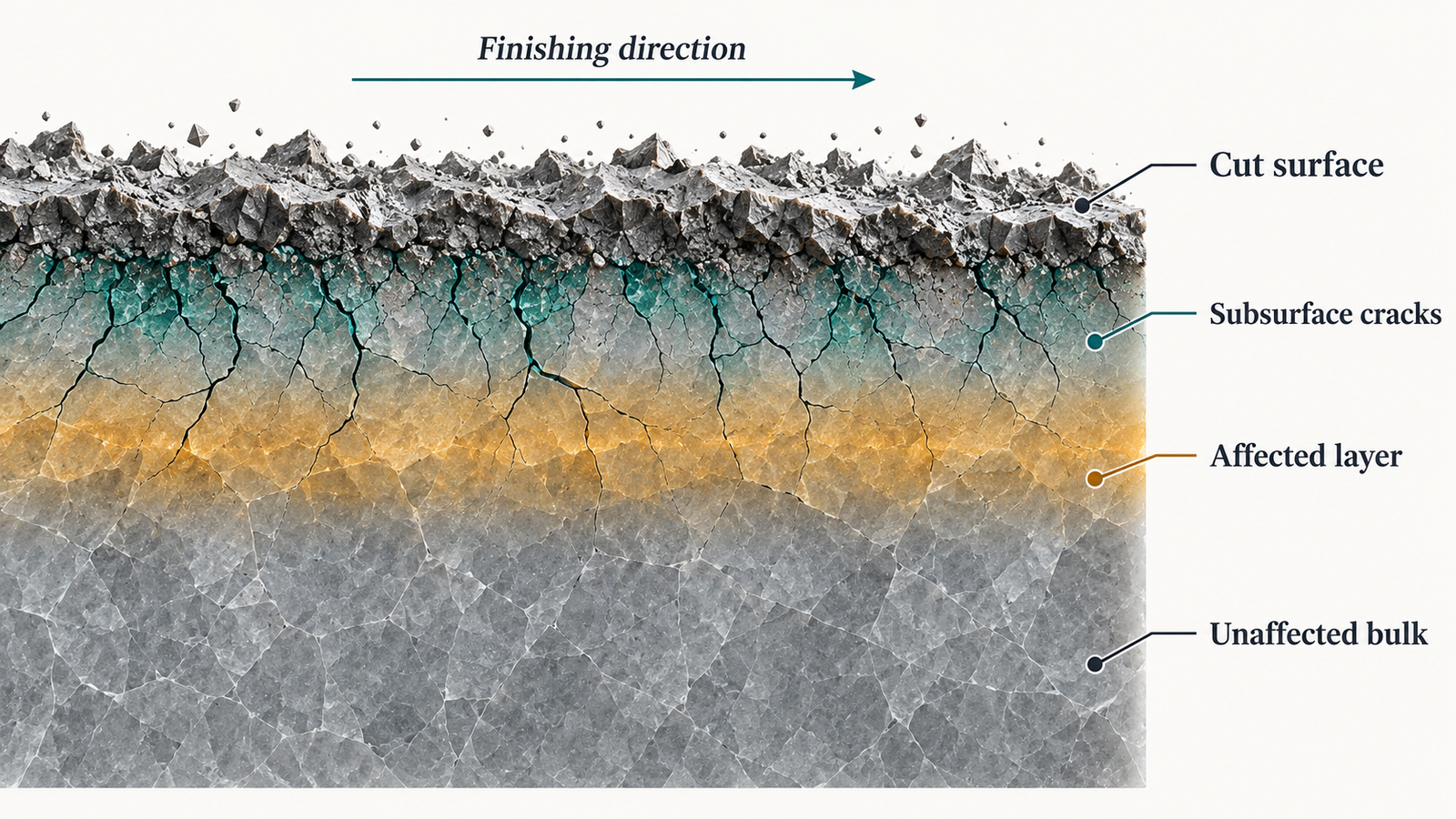 Diamond Wire Saw Subsurface Damage: Building a Finishing-Allowance Budget 2 Cross-section of cut surface, subsurface cracks, affected layer and unaffected bulk