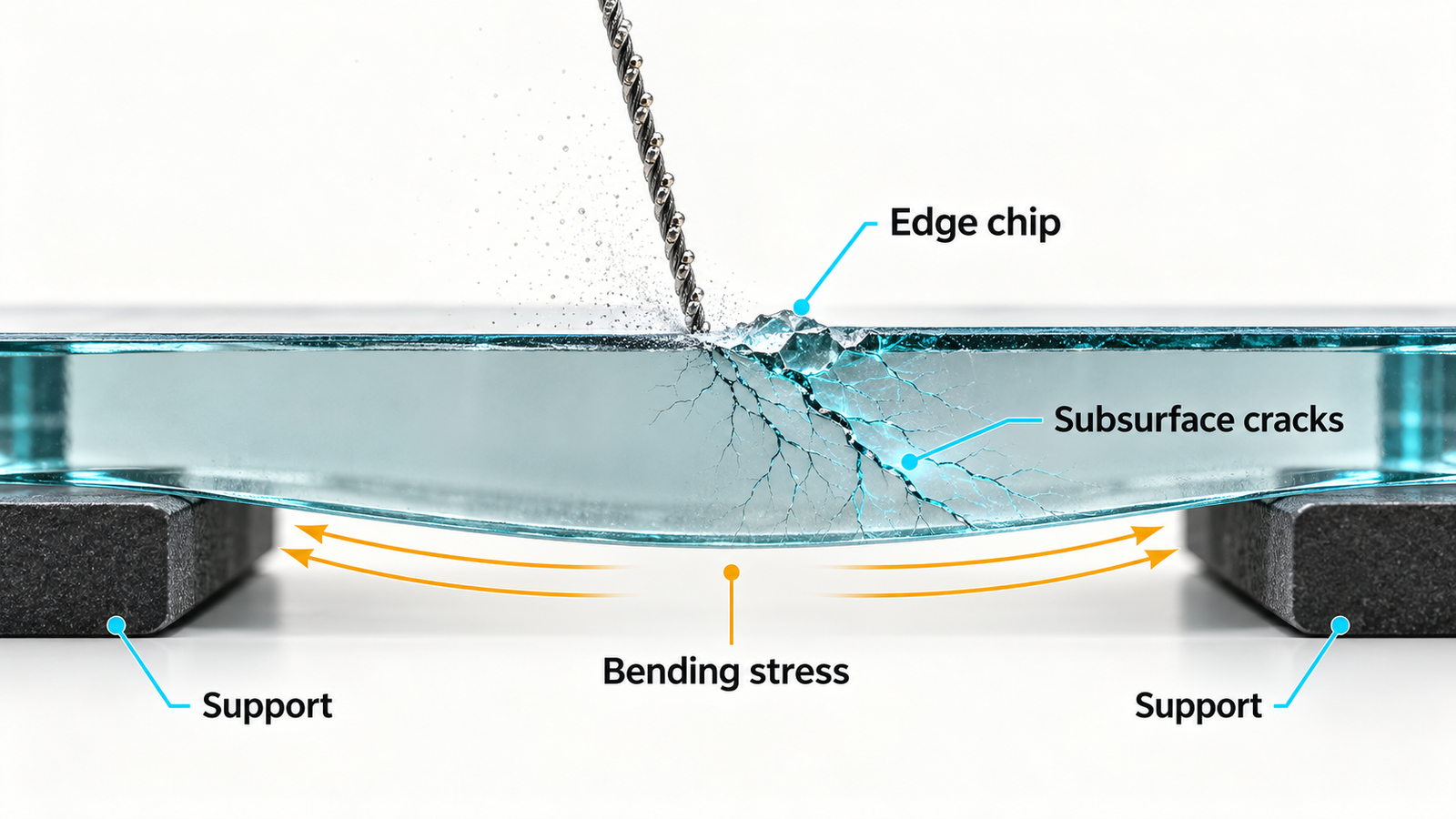 Cross-section of edge chip, subsurface cracks, support and bending stress in thin glass