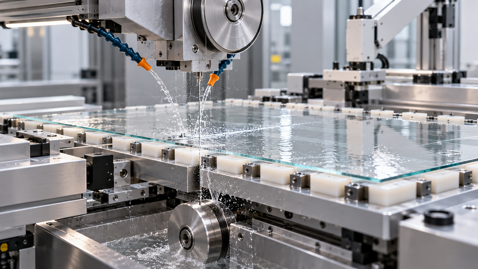Supported thin glass panel being cut by a precision diamond wire saw