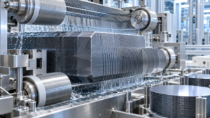 Ultra-fine diamond multi-wire saw slicing a silicon ingot into thin wafers