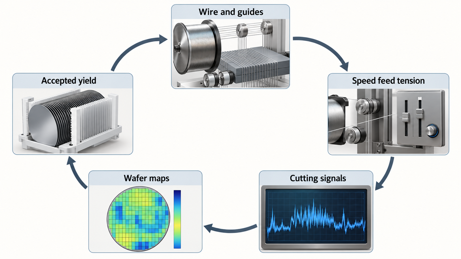 Thin Silicon Wafer Slicing: The Real Trade-Offs of Ultra-Fine Diamond Wire 3 Feedback loop from wire and parameters through cutting signals and wafer maps to accepted yield