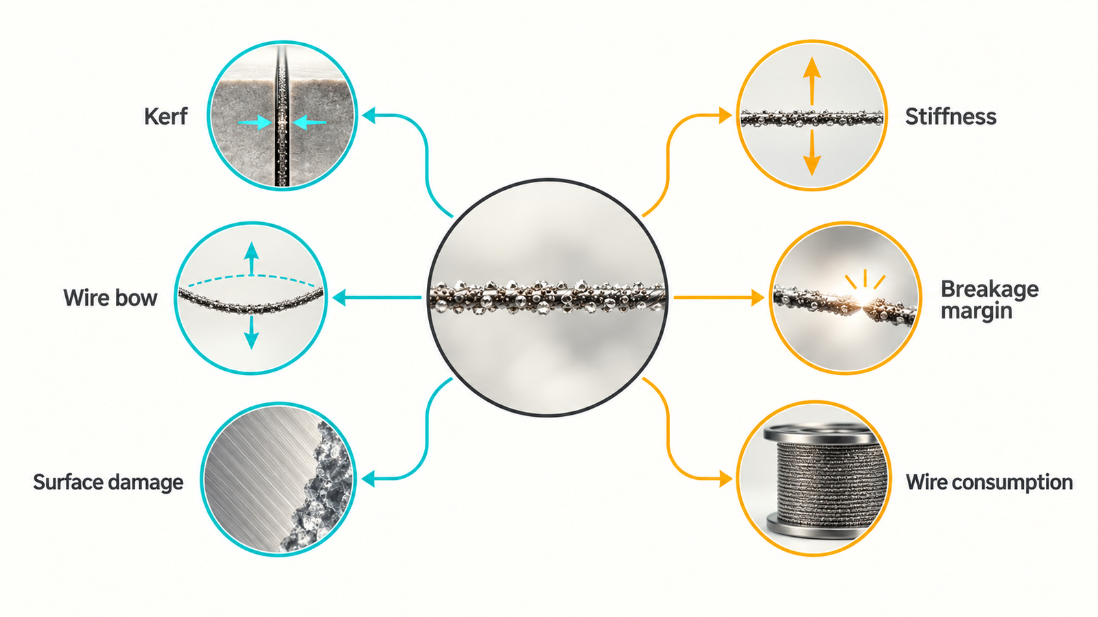 Thin Silicon Wafer Slicing: The Real Trade-Offs of Ultra-Fine Diamond Wire 2 Trade-off diagram for kerf, stiffness, bow, breakage, damage and wire consumption