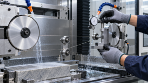 Technician checking diamond wire saw guide alignment with a dial indicator