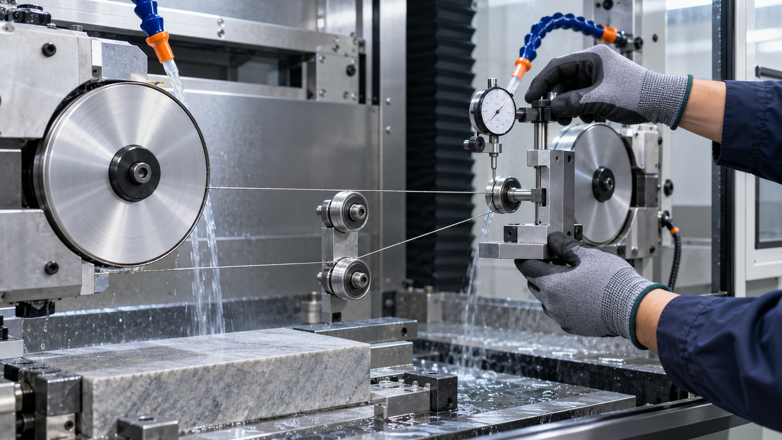 Technician checking diamond wire saw guide alignment with a dial indicator